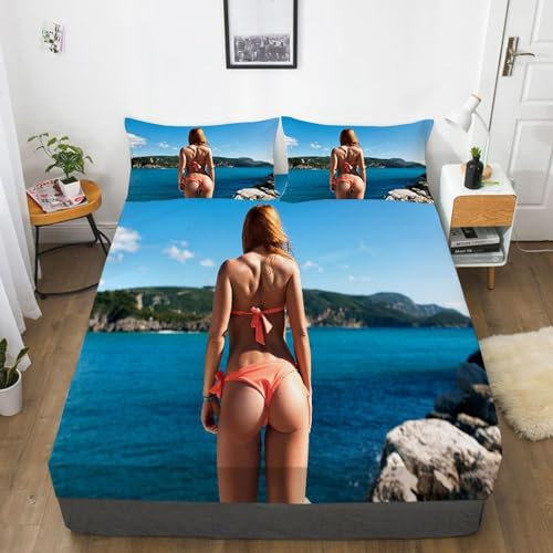 TACOKI 3D Sexy Frau Spannbettlaken 120x200cm, Hawaii Weiches Mikrofaser Bettlaken für Kinder, Bettlaken Spannbetttuch 120x200 bis 30 cm Matratzenhöhe mit 2 kissenbezüge a4840