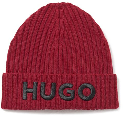 HUGO Herren Big Logo Ribbed Beanie-Mütze, Purpurrot, Einheitsgröße