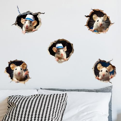 SUPERDANT 3D Maus Wandaufkleber Mausloch Wandsticker Maus In Einem Loch Wandtattoo 5 Niedliche Mäuse Tier Lustige Vinyl Wandsticker Für Kinderzimmer Wohnzimmer Kinderzimmer Schlafzimmer Wanddekor