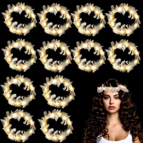 12 unidades Diademas Plumas LED Iluminadas, Plumas Diadema Corona LED, Pluma LED Diadema Mujeres, Diademas Corona Plumas Iluminadas 1 Corona plumas Led (Lámpara de calentamiento blanco)
