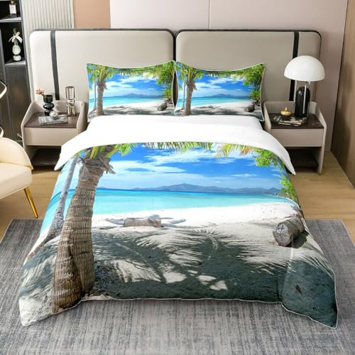 Loussiesd Strand unter dem Motto Bettwäsche Set 135x200cm 100% Baumwolle Ozean Meer Bedrucktes Bettbezug Set für Kinder Jungen Mädchen Teenager Tropische Palme Betten Set Hawaiian Strand Room Decor