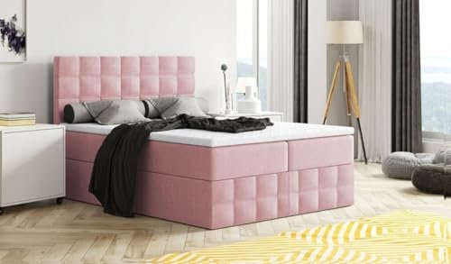 Moderne Boxspringbett MERA Premium Bett mit Bettkasten Ziernähten Bonell Matratze H3 Federkern Topper Polsterbett Doppelbett Schlafzimmer (Rosa - Enzo 152, 200x200)