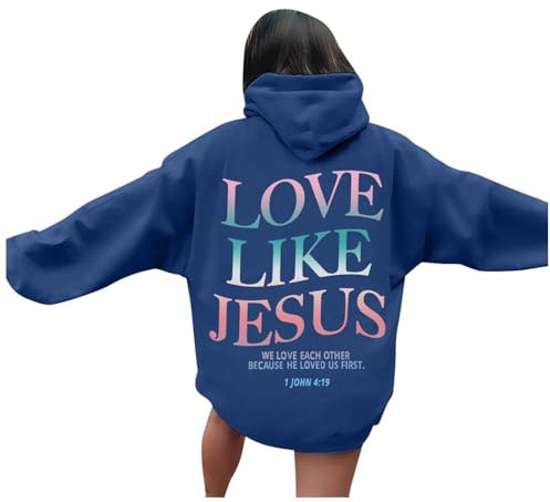 Love Like Jesus Graphic Christian Hoodies for Women UK Casual Oversized Long Sleeve Lightweight Autumn Sweatshirts Pullover Y2k Girls Tops with Pockets Pink Puff Hoodie,A49 Blue,S