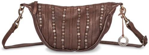 Cas8 Moon Bag klein NELLI - special Edition - aus echtem Leder mit Nieten, Damen Umhängetasche für den Alltag, längenverstellbarer Schultergurt, robuste Verarbeitung, stilvolle Half Moon Tasche, braun