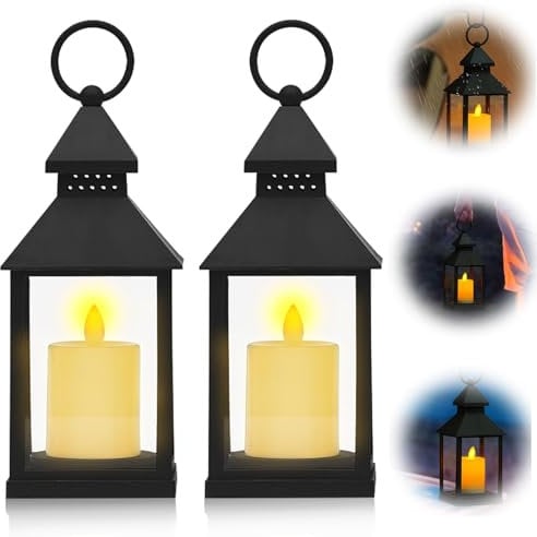 WIYETY Farolillos para exteriores con vela LED: 2 unidades de farolillos de cristal, diseño vintage y efecto de llama, farolillo de jardín para exteriores, portavelas de columna, Halloween, Navidad,