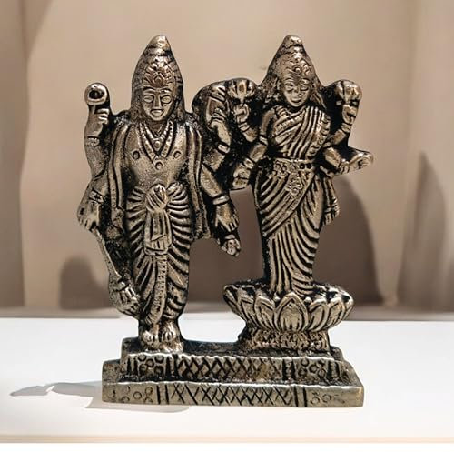 Kleine Statue aus Messing, Lord Vishnu Laxmi, 6,3 cm, Lakshmi Narayan, Murti-Idol-Skulptur – sitzend auf Lotus Laxmi – Heimdekoration – Arbeitsplatz – Bürotisch – Bürotisch – Schließfach – Damen –
