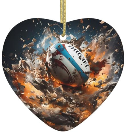 YYHHAOFA Weihnachtsanhänger aus Keramik für Feiertagsparty-Dekorationen und Geschenke, Rugby auf Feuer, Bild