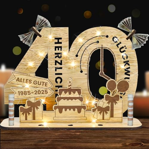 Belillpipi 2025 Originelle 40 Geburtstag Deko Geburtstag Holz mit LED, Frauen & Männer Geldgeschenke Geburtstag Pixel Retro Holz-Schild Gästebuch für Geschenke, Partys, Geburtstage, Jubiläum