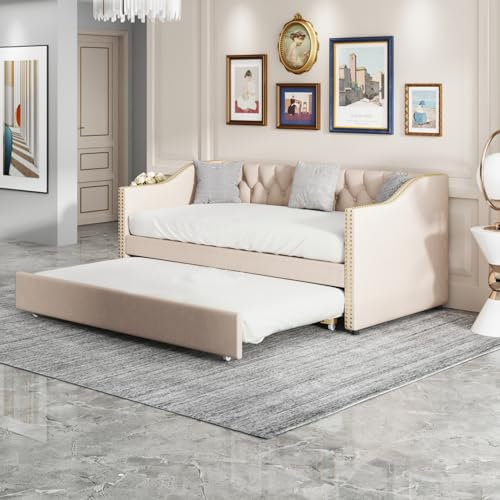Henunem Tagesbett Ausziehbar 90/180x200 cm, Schlafcouch Polsterbett Ausziehbar mit Gästebett, Samtstoff Bett Ausziehbar zum Doppelbett, Schlafsofa für Erwachsene 2 Personen, ohne Matratze (Beige)