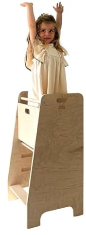 Torre di apprendimento in legno extra sicura | Utensile da cucina Montessori | Piattaforma regolabile | Kitchen Helper | Mobili da cucina sicuri | Scala da cucina integrata (naturale)