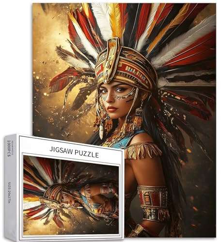 Portrait einer aztekischen Frau, 1000-teiliges Puzzle für Erwachsene, Feder-Kopfschmuck, Kunst-Puzzle, bunt, DIY-Puzzle, Heimdekoration, Geschenke, Familienpuzzle, perfekt für Spielabende, 50 x 70 cm