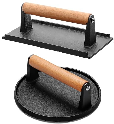 Kityemo Conjunto versátil de Prensa de Hamburguesas de Hierro Fundido: Redonda y Rectangular para Aplastar Carnes de Forma Resistente con Mangos de Madera para Planchas, Sándwiches y Mucho Más