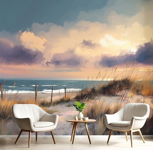 Papier Peint Panoramique Coucher De Soleil Sur La Plage 350X256Cm (Lxh) - Revêtement Mural Décoration Pour Chambre Salon Cuisine - 3D Peinture Murale Interieur Paysage Côtier À L'Aquarelle - Sépia