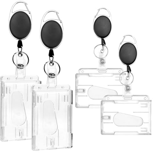 HENGBIRD Lot de 4 Porte-Badges Rigides Transparente, Vertical & Horizontal, Avec Clip Ceinture, Enrouleur Rétractable et Mousqueton, pour Carte ID, Badge Professionnel, Étudiant, Transport