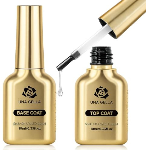 UNA GELLA Gel Top Coat Base Coat Set 2pcs No Wipe Clear U V Cure Soak Off | Highly Glossy Top Coat Gel Nail Polish Strengthen and Acid-Free Clear Nail Base (U V Cure Need)