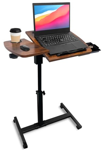 KUKKUME Overbed Table Hospital Bed Table with Wheels Height Adjustable Laptop Bedside Table with 2 Tilting Split Desktops Cup Holder and Drawer for Office Home and Hospital Brown