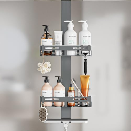 Wisfame Étagère de Douche à Suspendre, Rangement Douche Suspendu 60cm Gris | Porte Shampoing Douche a Suspendre pour Porte Vitre ≤18mm, 7KG/Panier, Ventouses & EVA Protègent Verre, Crochets Plus