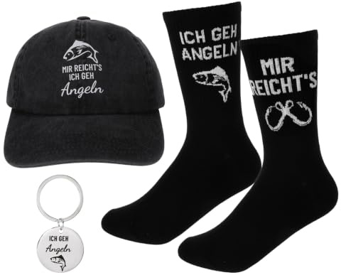 Jeqqinuz 3 Stück Angeln Geschenk mit Angel Cap, Papa Socken, Schlüsselanhänger, Lustiges Geschenkset für Angler, Mir Reichts Ich GEH Angeln, Geburtstagsgeschenk für Opa Papa Ehemann Freund