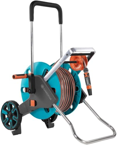 Gardena Schlauchwagen CleverRoll M Easy Set, Gartenschlauchwagen mit 60m Kapazität inkl. 20m Schlauch, Schlauchführung Schlauchaufroller Schlauchhalter mit Systemteilen, Spritze, Nachtropfstopp