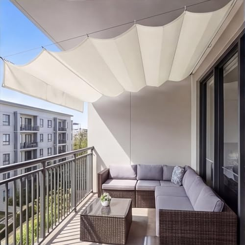 Toldo Retráctil 2 x 7.5 m Vela de Sombra Retráctil Ondulada Protección Rayos UV Fácil de Colgar Toldo con Forma de Onda para Pergola, Balcón y Jardín, Marfil