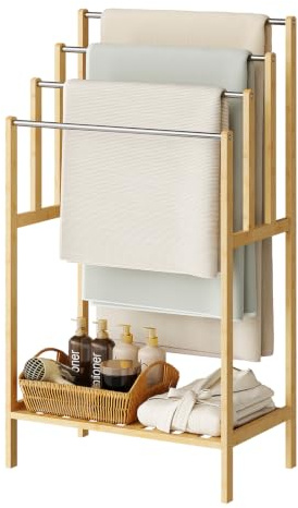 EUGAD Handtuchhalter, Handtuchständer stehend, mit 4 Handtuchstangen aus Edelstahl, 1 untere Ablage, 50 x 30 x 90 cm,für Badezimmer Waschküche Balkon Flur, Bambus