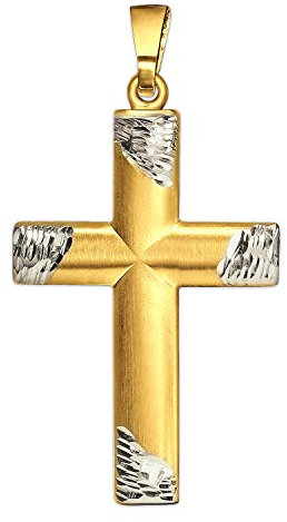 CLEVER SCHMUCK Goldener Damen oder Herren Anhänger Kreuz 24 x 15 mm Bicolor seidenmatt halbrund gewölbte Form mit Enden diamantiert glänzend 333 Gold 8 Karat