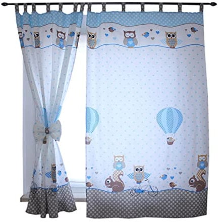 TupTam Kinderzimmer Vorhänge Baby Gardinen mit Schleifen 2er Set, Farbe: Eulen 2 Blau, Größe: ca. 155x95 cm