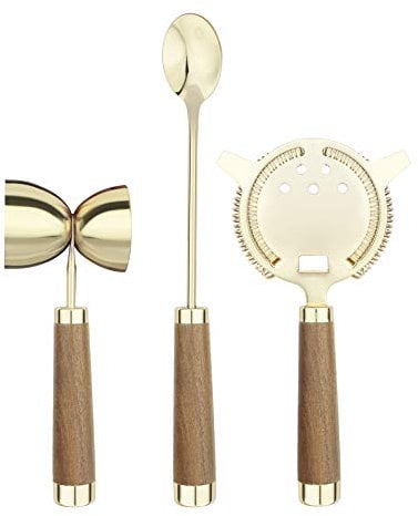 Final Touch 3 Piece Brass Cocktail Mixing Making Tools Set Includes Strainer, Spoon & Double Jigger Brass Plated 304 Grade Stainless Steel with Wooden Handles FTA2100