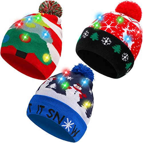 SATINIOR 3 Stücke Weihnachten LED Licht Hüte Weihnachten Hut LED Pom Pom Weihnachtsmütze für Weihnachtsfeier