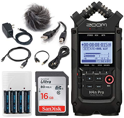 Zoom H4n Pro Enregistreur portable 4 entrées/4 voies avec capsule micro X/Y intégrée (noir) + pack d'accessoires Zoom pour H4n Pro + carte mémoire 16 Go + 4 piles AA + chargeur +