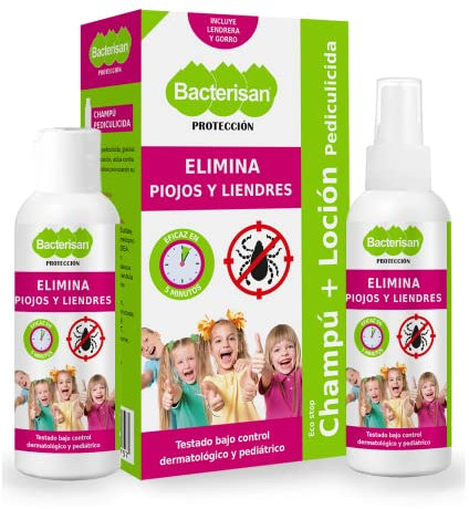 BACTERISAN Bacterisan Pack Pediculicida - Elimina piojos y liendres 100 ml - Champú y Loción anti piojos - Lendrera plus gorro de regalo, Blanco, 2 Unidad (Paquete de 1)
