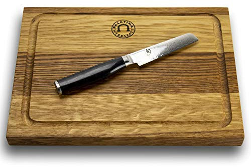 KAI Shun Premier Minamo TMM-0700 – Le tranchant et la précision ultimes avec le couteau d'office haut de gamme + planche à découper 100 % faite à la main en chêne unique 30 x 22 cm