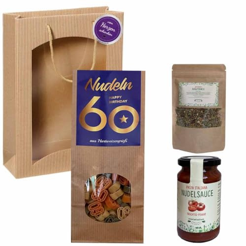 Feinkost-Set 60. Geburtstag mit Nudeln, Sauce, Gewürze // Nudeln als 60, Sauce, Gewürze