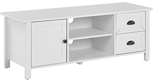 Meuble TV Buffet Blanc en Bois d'Ingénierie avec 2 Tiroirs et Porte Étagères et Trous Passe-câble pour Salon au Style Rustique et Scandinave Beliani