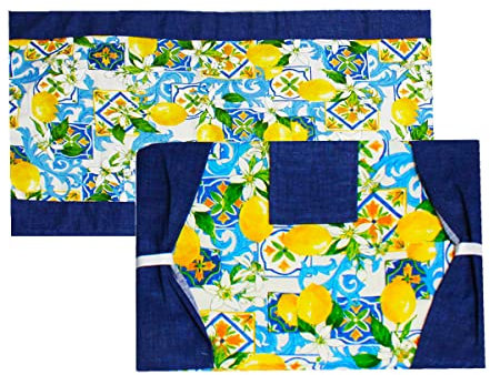 Russo Tessuti Copriforno Coprifornello Cucina Arredo New Sorrento Limoni Fiori Blu Giallo-Blu-Copriforno+coprifornello