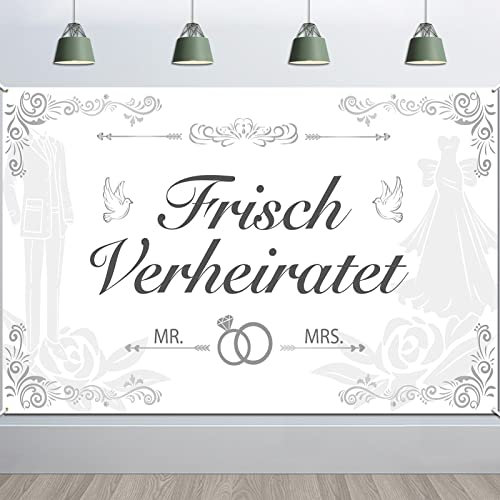 DPKOW Groß Frisch Verheiratet Banner für Hochzeit Dekoration, Mr und Mrs Banner für Garten Terrasse Wand Deko, Just Married Hintergrund 185 * 110cm