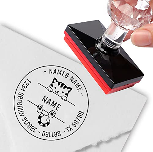 Individueller Stempel, personalisierbarer Stempel, niedliche getigerte Katze, Paare, Familie, runde Adresse, selbstfärbende Stempel, personalisierte runde Etiketten