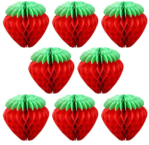 TSHAOUN 8 Stücke Erdbeer Wabenball Erdbeer Party Deko Geburtstagsdeko Hawaii Party Deko, Kugel aus Erdbeer Papier Deko Set für Geburtstag, Weihnachten, Hochzeit, Garten, Schwimmbad (Rot)