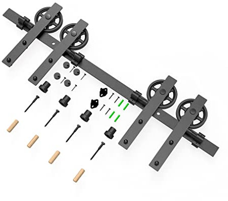 Schiebetürbeschlag Doppeltür 396cm Schiebetüren Schiebetürsystem Komplettset Laufschiene Rollen Set Schwarz für 2 Holztür 99cm Breit, Mittlere Rolle in I-Form