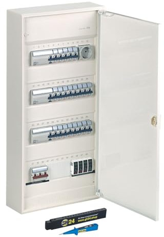 grenda-hammer® | Sicherungskasten Aufputz 4-reihig Stromverteiler verdrahtet mit Hauptschalter, 3x FI-Schutzschalter, Sicherungen und Überspannungsableiter