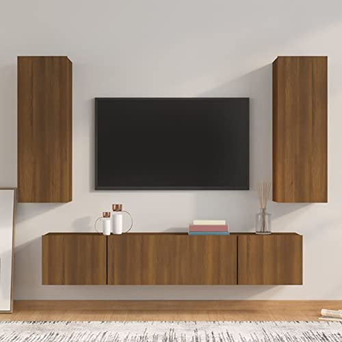 Yongdu 4-TLG. TV-Schrank-Set, Wohnwand Wohnzimmer, Anbauwand Wohnzimmer, Schrankwand Wohnzimmer, Wohnzimmer Wand, Braun Eichen-Optik Holzwerkstoff