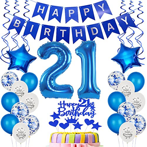 Folienballon 21. Geburtstag Dekoration Blau Tortendeko Geburtstag 21 Jahre Mann Luftballons 21 Mann Tortendeko 21. Männer ,Geburtstagsdeko 21 Jahre Happy Birthday 21 deko
