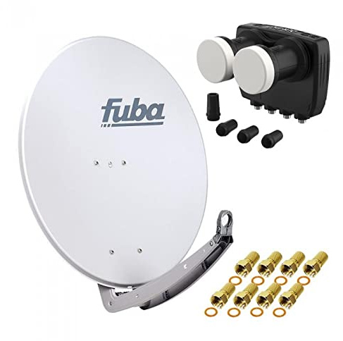 HD Digital Sat Anlage 2 Satelliten Astra/Hotbird - 4 Teilnehmer | Fuba DAA780G Sat Schüssel 78cm hellgrau + DUR-line MB6-QS Monoblock Quad LNB 6° (DVB-S2, HDTV, 4K/8K, 3D) + 8xF-Stecker vergoldet