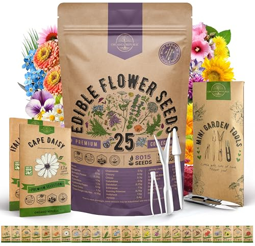 Organo Republic 25 Edible Flower Seeds Variety Pack for Indoor Outdoor Gardening - 8,000+ Non-GMO Heirloom Flower Seeds: Anise, Hyssop, Nasturtium, Pansy, Echinacea, Lavender, Chives & More
