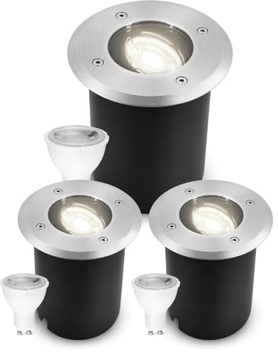SSC-LUXon JUAVI Bodeneinbaustrahler 3x rund IP67 GU10 dimmbar neutralweiß | Drei dimmbare Bodenstrahler rund IP67 für Garten & Terrasse - neutralweiß, schwenkbar, befahrbar, inkl. GU10 LED