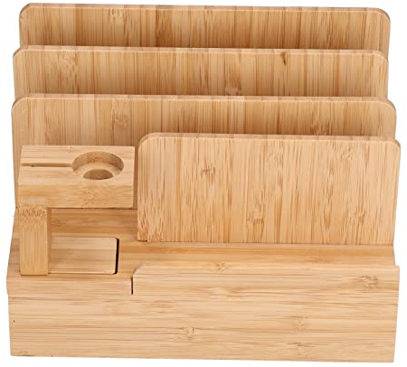 Stazione di Ricarica Multi Dispositivo 6 in 1 Legno | Base In Bambù Naturale Con Superficie Lucida Per Un Look Elegante Sulla Scrivania