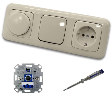 REV Ritter LED Drehdimmer Dimmer + Busch Jäger Dimmerscheibe 2115-212 + Taster 2020US + Steckdose 20EUC-212 DURO2000 cremeweiß glänzend + EBROM Phasenprüfer zur Montage der Geräte ET1 66012B