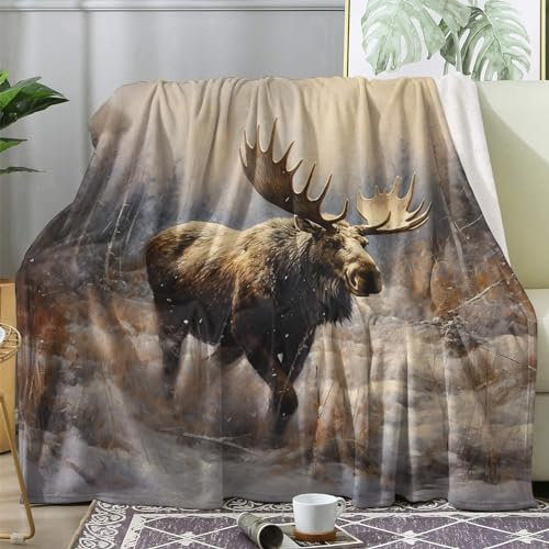 Kuscheldecke Flauschig Elch, Große Decke Fleecedecke 220x240 Wildtiere, Flanell Sofadecke Blanket XXL, Wohndecke Schlafdecke Winter Warm Weich, Deko Decken für Couch Bed