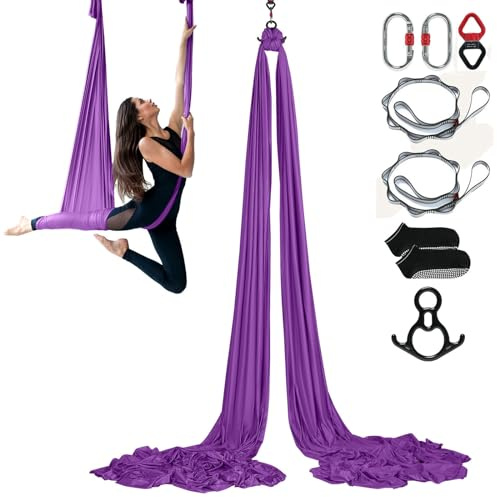 VEVOR Aerial Silk & Yoga Swing, 8.7 Yards, Aerial Yoga Hammock Kit with 100gsm Nylon Fabric, Full Rigging Hardware & Easy Set-up Guide, Antigravity Flying for All Levels Fitness Bodybuilding, Purple