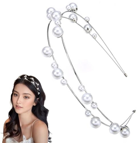 scicent Bridal Hair Accessories Sliver Metal Double Layer Pearl Headbands for Women Bridesmaid Hairband Crystal Headpiece Wedding Party Hair Bands for Girls - 23616